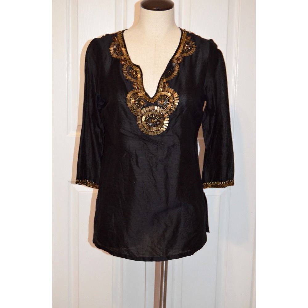 Tommy Bahama Tunic Top Women's S Bead Sequin V neck Bohemian Cotton Silk 3/4 Slv